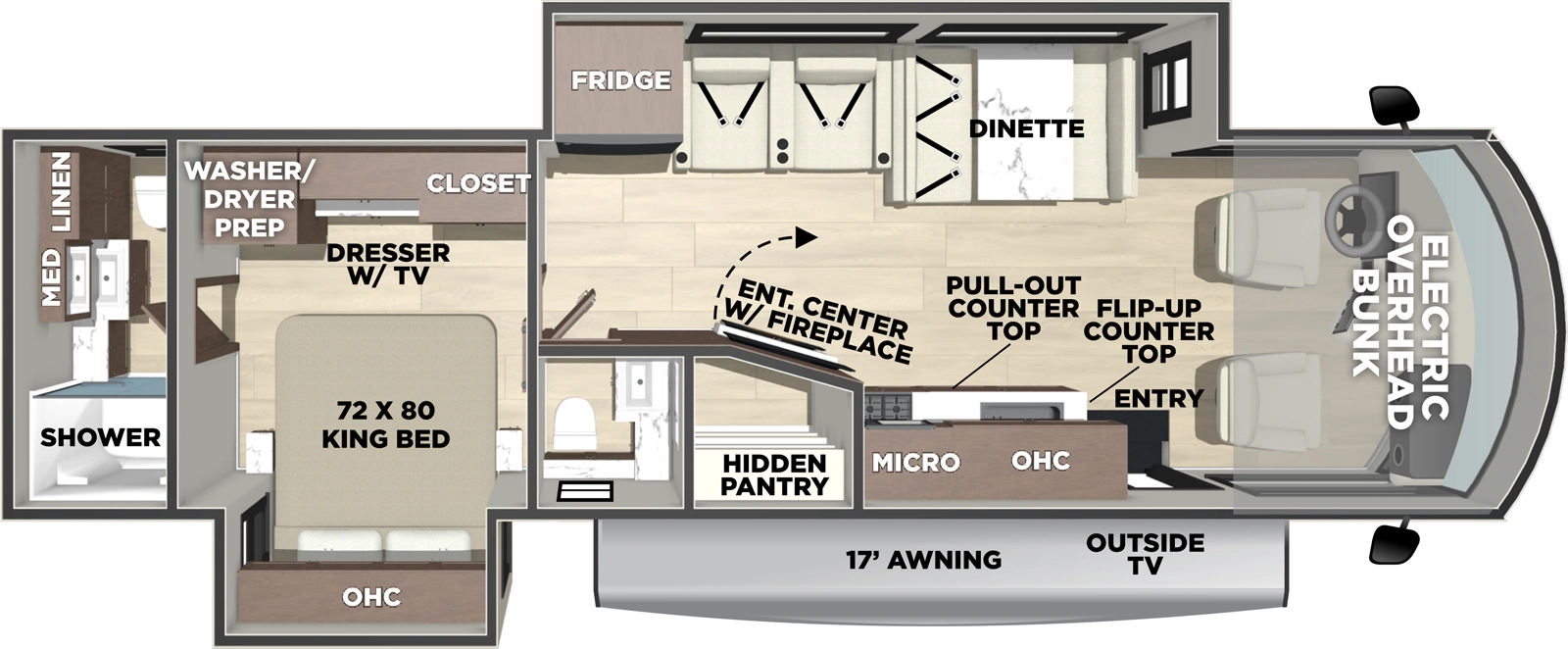 The FR3 34DS floorplan has one entry and two slide outs. Exterior features include: 17' awning. Interiors features include: bathroom and a half and bunk over cab.